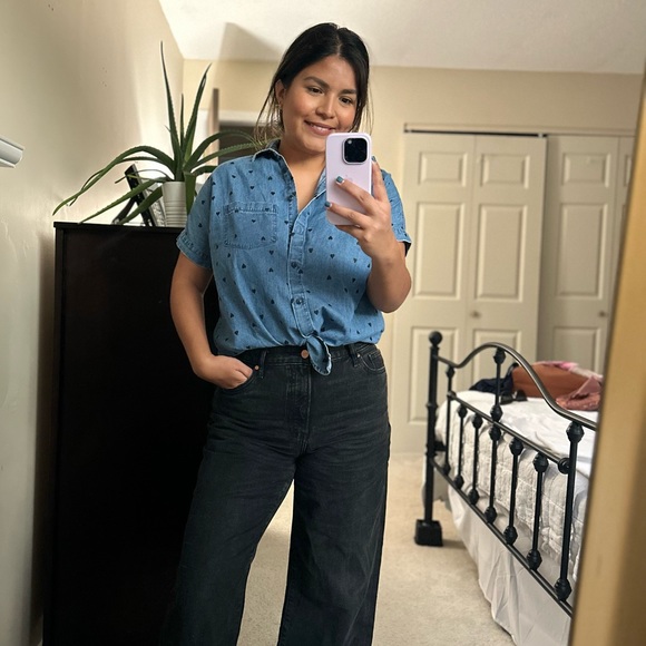 Madewell denim short sleeve tie front shirt heart print size XS extra small - Picture 4 of 14